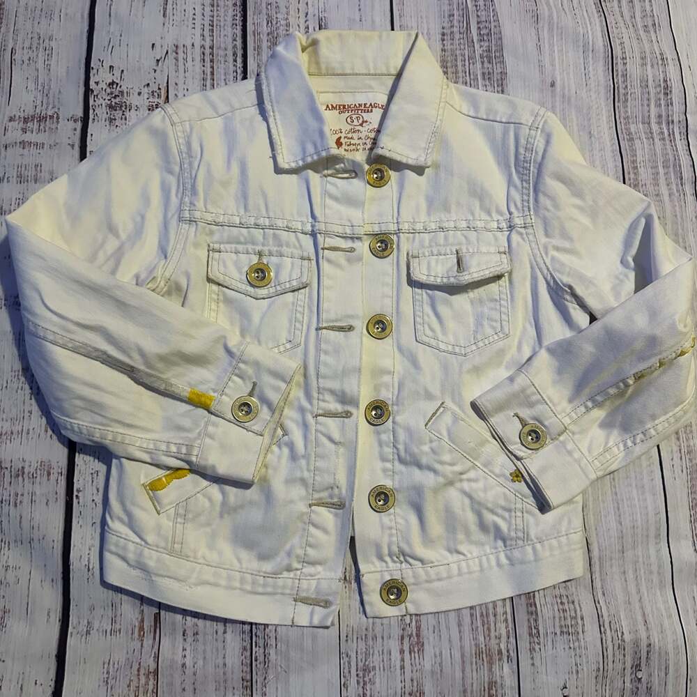 American Eagle White Denim Jacket Button Front Classic Crop Small